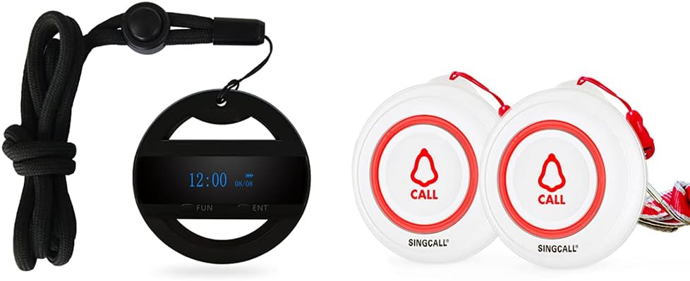SINGCALL Caregiver Pager system components: one mobile receiver and two call buttons.