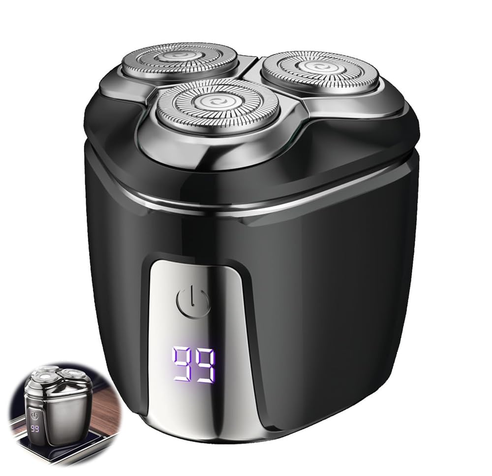 AZONEEPortable Electric Shaver for Men, LED Display, Waterproof, Type-C Rechargeable Rotary Beard Shaver with Magnetic Shaving Head. Cordless Razor for Wet & Dry Shave (Black)
