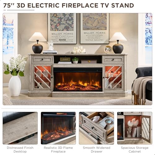 OKD 75 Inch 3-Sided Electric Fireplace TV Stand for TVs up to 85'',Modern Highboy Entertainment Center with 36" Fireplace & LED Lights,Widen Drawers and Glass Door Storage Cabinet, Light Rustic Oak - Thumbnail 3