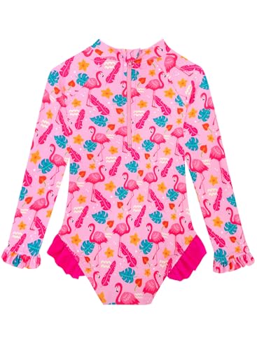 Image of Baby Toddler Girl Long Sleeve Ruffle Swimsuit One Piece Zipper Rash Guard Bathing Suit with UPF 50+ Sun Protection