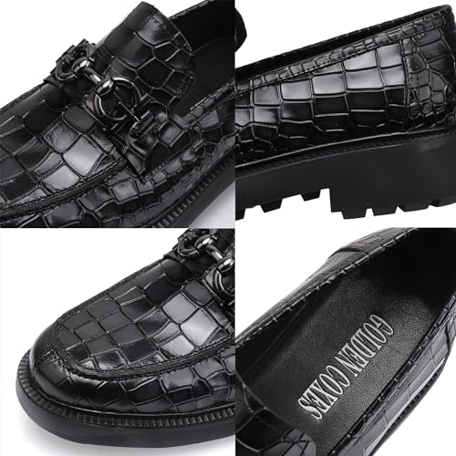 Premium Mens Leather Dress Shoes, Classic Casual Crocodile Printed Business Buckle Dress Slip on Penny Loafer Party Wedding Shoes for Mens, Black, 112