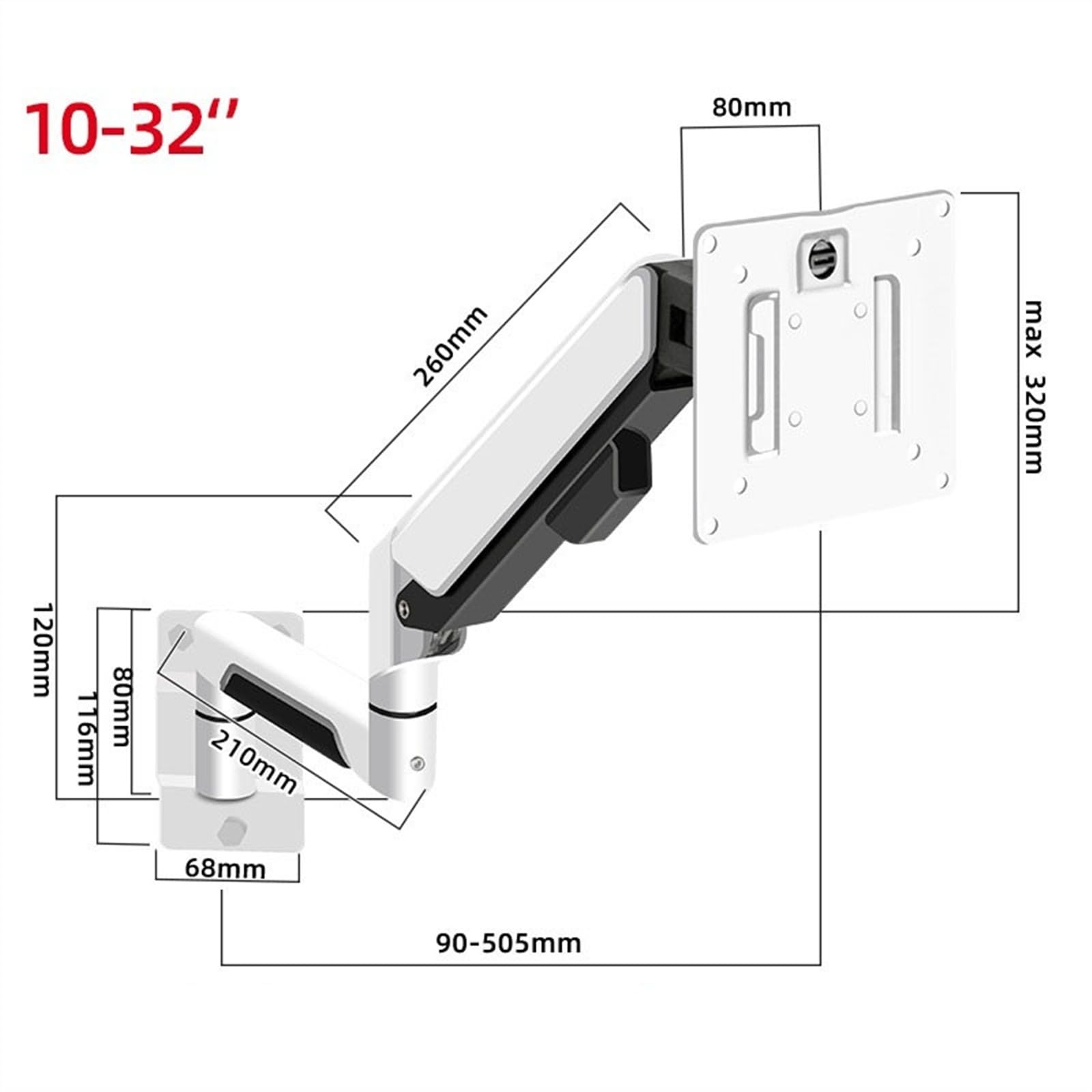 Moniteur de support Le bras de fixation pour moniteur unique s'adapte aux écrans de 10 à 32 pouces pesant jusqu'à 19,8 lbs, support mural pour moniteur unique avec ressort à gaz et liberté de
