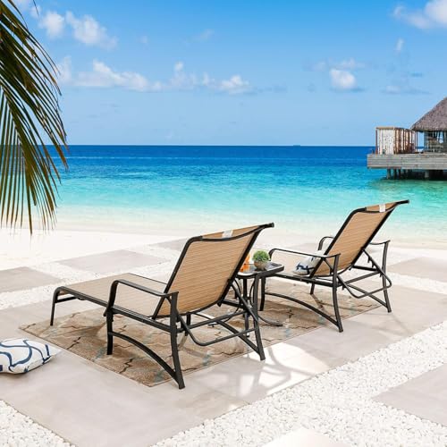 Image of LOKATSE HOME Adjustable Patio Chaise Lounge Set of 2, Outdoor Textiline Reclining Chairs with 1 Glass Top Bistro Table Sturdy Metal Frame for Backyard Porch Poolside, Beige