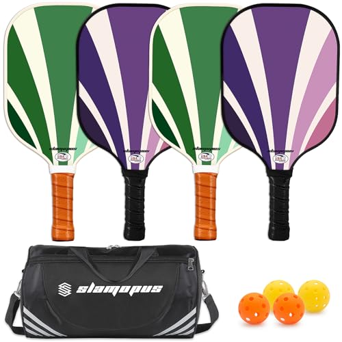 Palas de pickleball, juego de 4 palas de pickleball, grafito y fibra de vidrio, incluye 2 bolas de interior/2 pelotas para exteriores y una bolsa de transporte, juegos esenciales de raquetas de