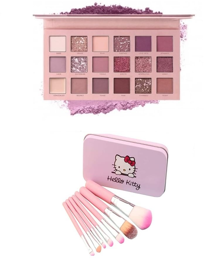 ClubBeauty Professional NUDE18 Shade Eyeshadow Palette and 7 Piece Hello kitty Pink Brush Kit with Travel Case-image-18