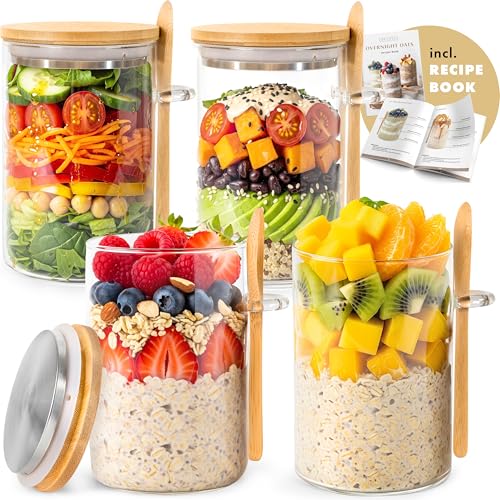 Overnight Oats Containers with Lids, Labels & Spoons (4 x 16oz) G...
