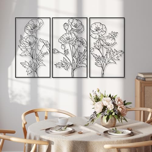 Therwen 3 Pcs Black Metal Wall Art Minimalist Wall Decor for Bedroom Flowers Decor Hanging Flower Bathroom Art Flower Line Sculpture Kitchen Decoration 16.5 x 9.8 Inch by Therwen - Image 2