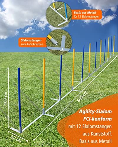 SPORTIKEL24 Agility-Slalom – Slalom für Turnier & Agility-Training – mit 12 Stangen & und Basis aus Metall – stabile Ausführung – FCI-konform – Set mit Tragetaschen