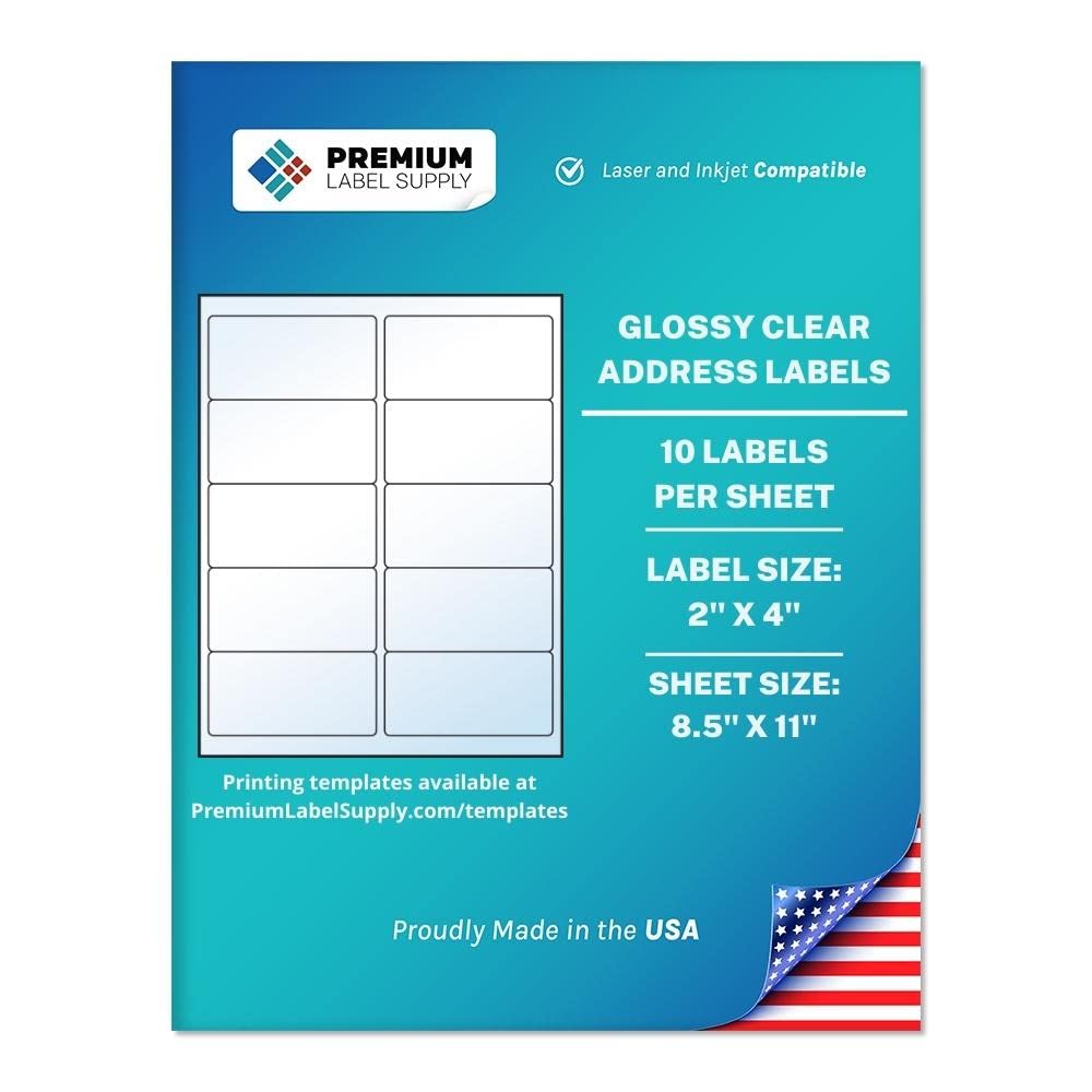 Premium Label Supply Glossy Clear Address Labels – 2" x 4" – Laser/Inkjet Compatible – (10 per Sheet), 25 Sheets – 250 Total Adhesive Labels