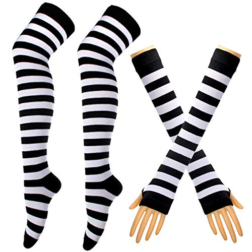 Guantes largos de punto a rayas hasta la rodilla, calcetines de rayas, leggings y accesorios para disfraz de fiesta, conjunto de 2 pares, En Blanco Y Negro, talla única Cover