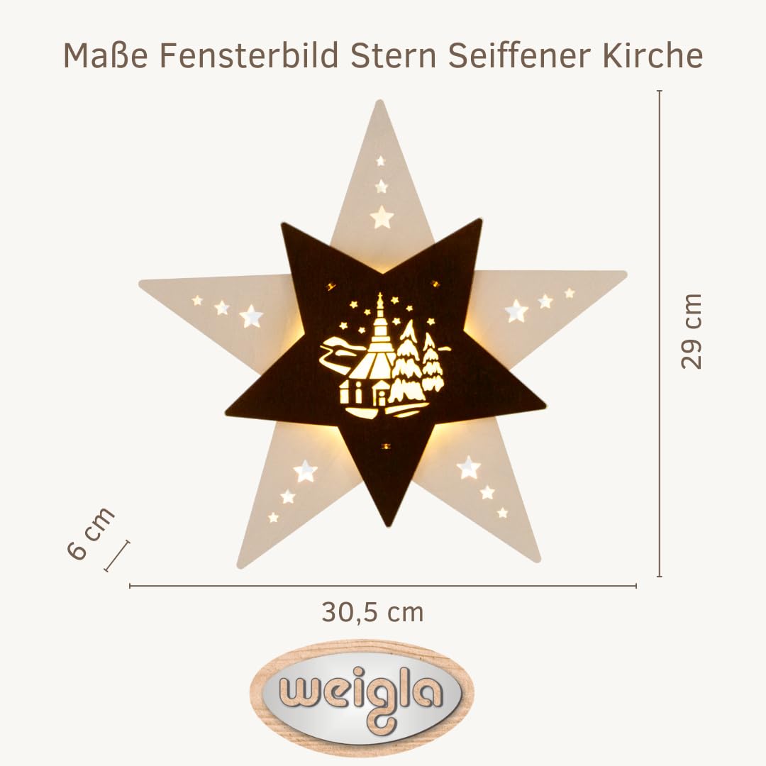weigla E14-0,8 W Éclairage de Noël à LED pour fenêtre Motif étoile Seiffen Église de Seiffen Blanc/marron