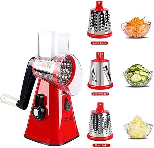 D L D Multifunctional Vegetable and Fruit Cutting Machine, Rotating Drum Cheese Grater with 3 Stainless Steel Revolving Blades, Manual and Safe Milling, Slicer (RED)