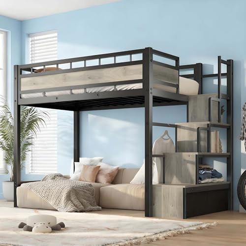 NXZMDEMY Twin Size Metal Loft Bed with Stairs and Storage Drawers, Metal Loft Bed Frame with Bedside Shelf and Large Under-Bed Space, Heavy-Duty Bed for Adults Teens Kids Boys Girls, Black