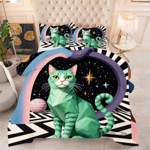 ZZXHG Edredón Matrimonio Estampado 3D | Gato Animal Verde, Nórdico Reversible de 4 Estaciones, Lavable, Incluye 2 Fundas de Almohada 50x75 cm, para Cama de 105 cm