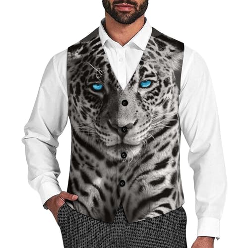 Leopard with Blue Eyes Men's Suit Vest Slim Fit V-Ncek Waistcoat Business Casual Vest