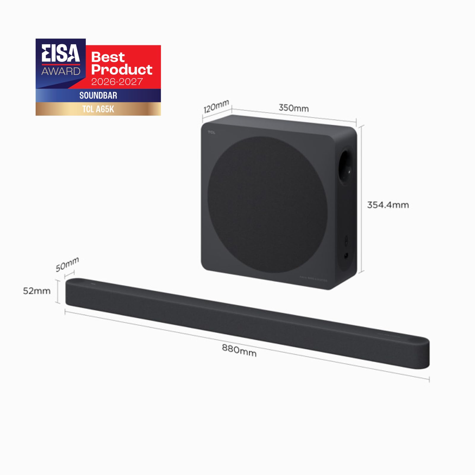 TCL A65K Barre de Son 3.1.2 canaux avec Caisson de Basses sans Fil, Audio by Bang & Olufsen, Dolby Atmos, AI Sonic Adaptation, Puissance maximale 460 W, HDMI 2.1 eARC, Bluetooth 5.3