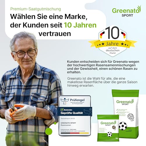 Sport und Spielrasen Greenato Sport Rasensamen 25 kg – Turbo Rasensamen schnellkeimend ideal für Rasenerde Grassamen für Neuansaat und Nachsaat extra robust Unkrautvernichter Rasen - für 1000 m²