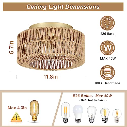 PAUFUL Boho Light Fixtures, 3-Light Farmhouse Rattan Ceiling Light, Flush Mount with Hand-Woven Shade, Modern Chandelier for Living, Bedroom, Entryway, Kitchen, Nursery by PAUFUL - Used condition - Image 5