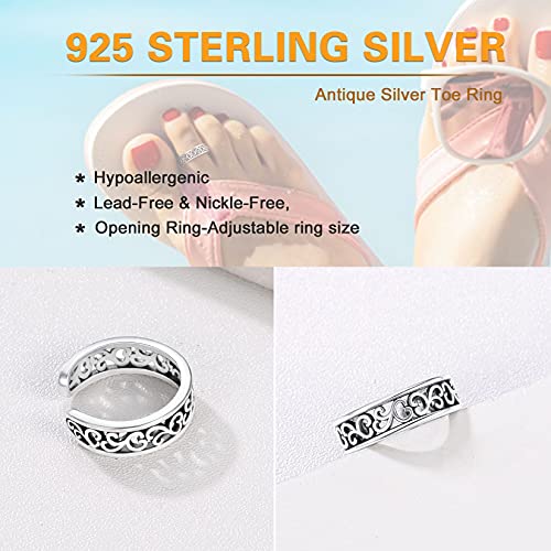 SILVERCUTE Toe Ring for Men Sterling Silver 5mm Band Ring Hawaiian Flower Ring Open Wrap Vintage Toe Ring for Women