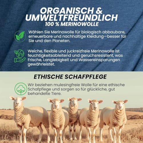menique 100% Merino Wolle T-Shirt Herren Funktionsshirt Laufshirt Wandern Reisen Unterhemd Thermo Basisschicht Atmungsaktiv Kurzarm Sportshirt, Denim Blau, L