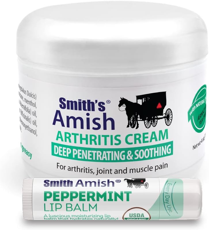 SMITH'S AMISH Arthritis Cream. Deep Soothing & Calming for Arthritis, Joint and Muscle Pain. Plus Bonus Lip Balm. 4 oz jar.