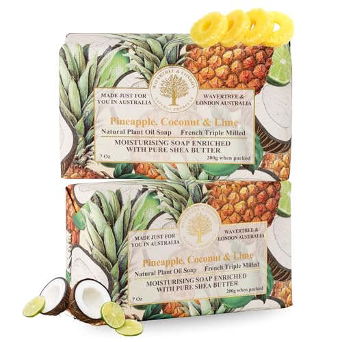 Image of Wavertree & London Pineapple, Coconut & Lime Scented Natural Soap (2 Bars), 7oz Moisturizing French Triple Milled Soap Bars enriched with shea butter - Pure Plant Oil Bath & Body Soap Bars