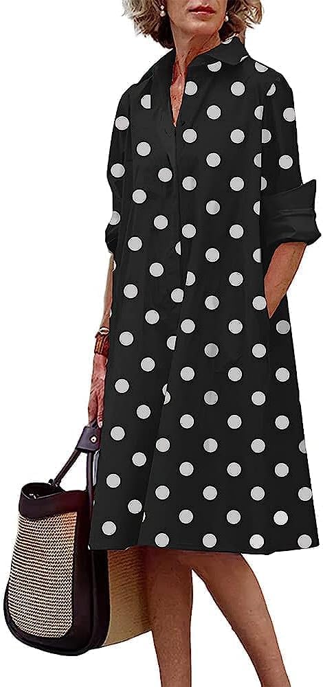 MARSVOVO Womens Linen Long Sleeve Midi Printed Button Down Shirt Dress Plus Size Loose Shirt Dresses for Women with 2 Pockets
