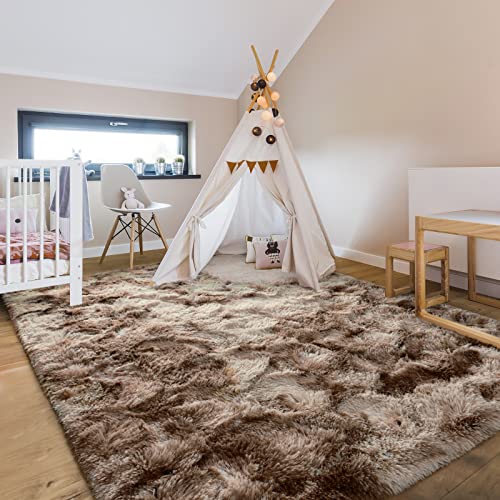 Hutha 4X6 Large Area Rugs For Living Room, Super Soft Fluffy Modern Bedroom Rug, Tie-Dyed Brown Indoor Shag Fuzzy Carpets For Girls Kids Nursery Room Home Decor #TOP3