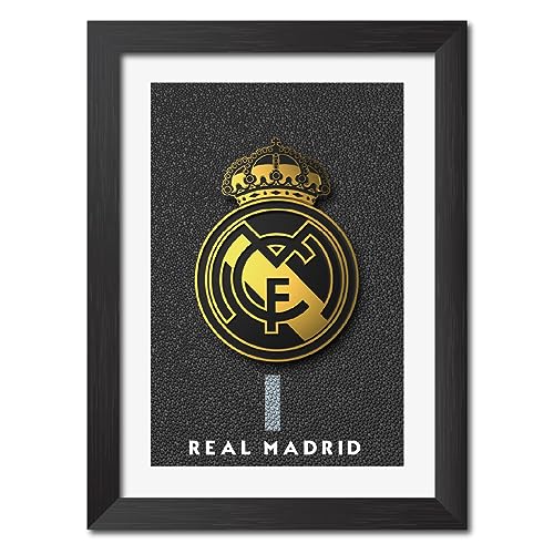 Image of TenorArts Real Madrid Poster 3D Golden Leather Textured Logo Laminated Photo Frame Painting with Matt Finish Black Textures(12 inches x 9inches)