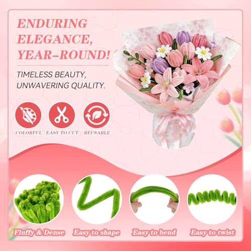Pipe Cleaner Flower Bouquet Kit, 650Pcs 7 Colors Pink Tulip Set - image 4