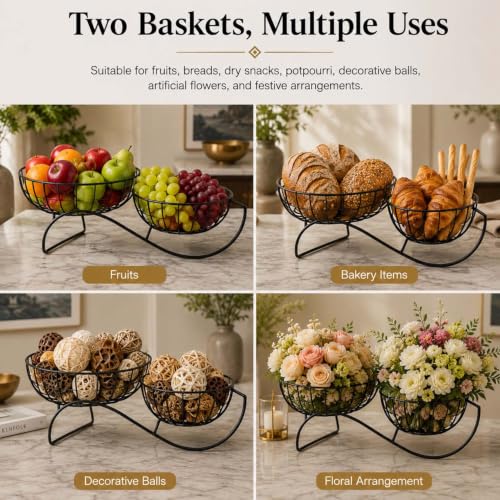 Image of Go Hooked Metal Dual Fruit Basket for Kitchen Counter & Dining Table | Decorative Wire Fruit Bowl with Curved Base | Multipurpose Storage Basket for Fruits, Bread, Snacks & Tabletop (L47xW18xH17) cm