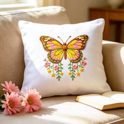Image of BEUNITONE 6 Set Embroidery Kit for Beginner Adults, Colorful Butterfly Floral DIY Cross Stitch Set with Stamped Pattern Hoops Threads Cloth Needles, Embroidery Starter Kit for Home Decor and Gifting