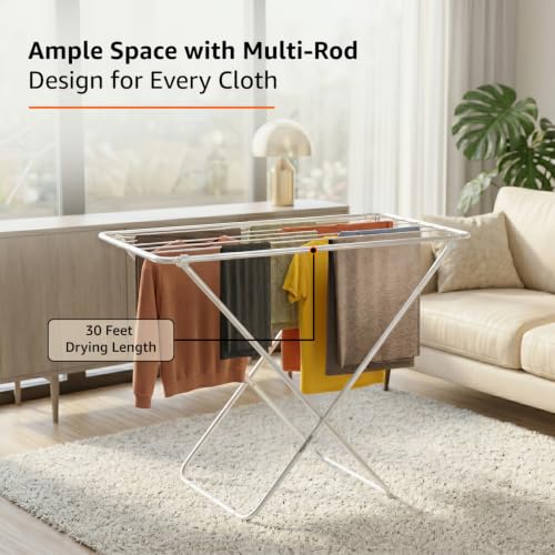 Image of amazon basics Mild Steel Cloth Drying Stand - Folding, 30 Feet Drying Length, 8 Drying Rails, Lightweight (Silver)