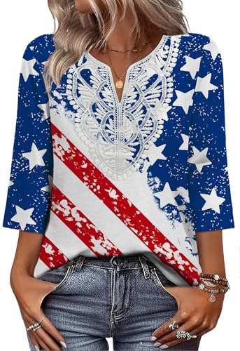 Image of WIHOLL 3 /4 Length Sleeve Womens Tops Boho V Neck Lace Shirt Trendy Blouses Dressy Casual Vacation Clothes S-3XL