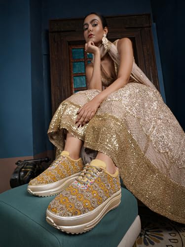 Image of Vendoz Women Hand Embroidery Wedding Party Bridal Floral High Heel Sneakers I Cushioned Insole I Comfortable Wear Wedge Shoes I for Ladies and Girls