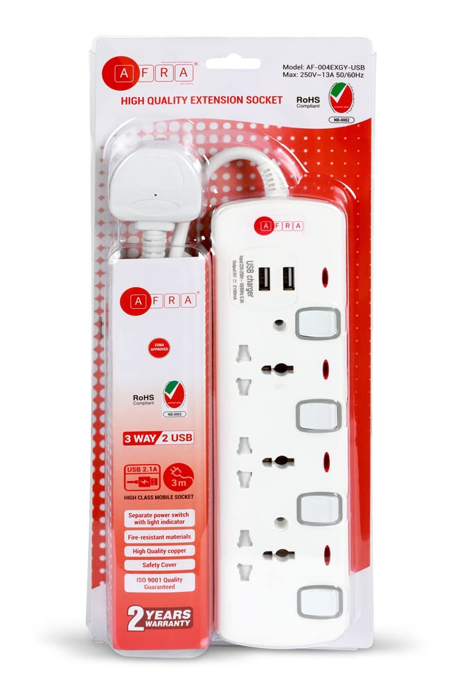 AFRA Extension Cord 3m, 2USB 3M, Plastic Housing, Shock proof, 250V, AF-004EXGY-USB with 2 Years Warranty,