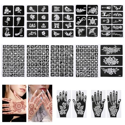 Bohrma Lot de 247 pochoirs au henné - Tatouage temporaire - Mains arabes indiennes - 14 feuilles d'autocollants - Tatouage au henné - Pour enfants et adultes - Pour femmes, filles, adolescents