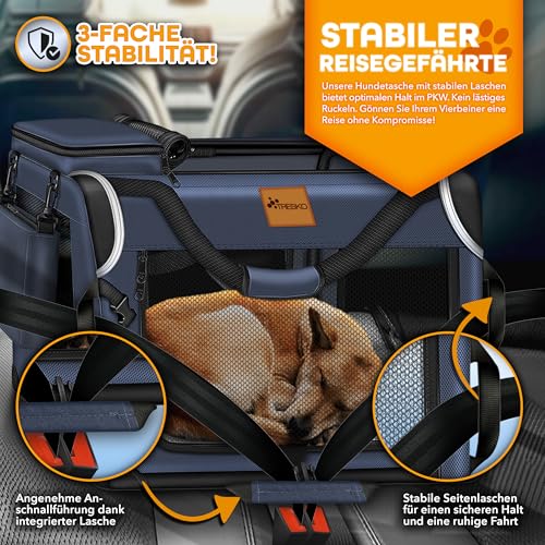 TRESKO® Hundebox faltbar inkl. Leckmatte, Spatel & Reflektoren M 61x42x42cm | Transportbox für Hunde und Katzen | Hundetransportbox Auto für kleine & große Hunde | Hundetasche robust Navyblau