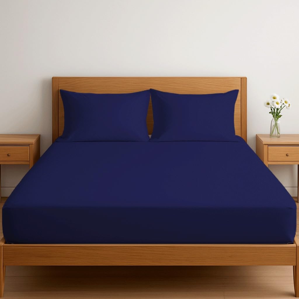 Dreema Novexa 3 Piece Egyptian Cotton Double Fitted Sheets 400 Thread Count 3PCS Deep Fitted Sheet Set with 2 Pillowcase Hotel Quality Bed Sheet Luxury Ultra Soft Bottom Navy Blue Fitted Bedsheets