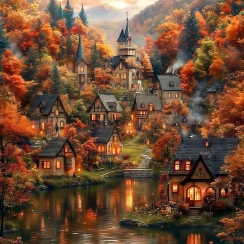 5D Diamond Painting Kits for Adults Autumn House Diamond Art Kits for Adults Fall Forest Paint by Diamonds Full Drill Round Diamond Gem Art Painting Home Wall Art Decor 13.78 x 13.78 inch