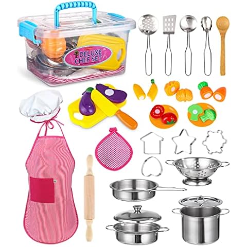 Children's Kitchen Play Kitchen Accessories, Children's Kitchen Toy Food Play Kitchen Stainless Steel Pan Set with Apron and Chef's Hat, Kitchen Accessories Wood for Children Boys Girls Cover