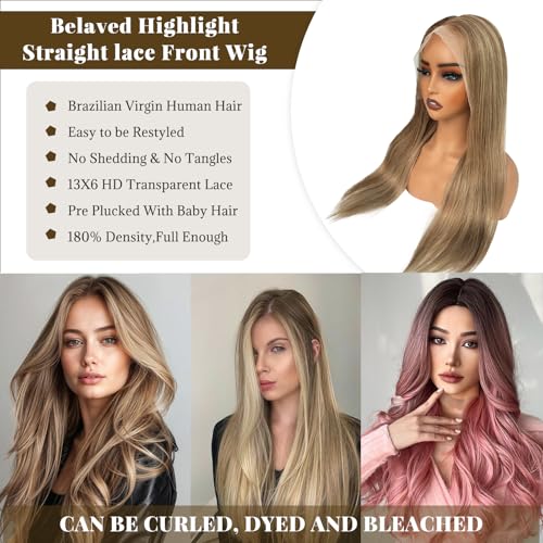 Image of Straight Highlight Lace Front Wig Human Hair 180% Density 13X6 HD Balayage Glueless Wigs Human Hair Ombre Light Brown Mixed Chestnut Brown with Ash Blonde Lace Front Wig Pre Plucked Hairline 32 Inch