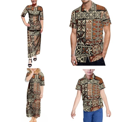 Eastdola Samoan Family Party Dress 4-Piece Polynesian Vintage Print Summer Short Sleeve Women Girls Puletasi Men Boys Shirt