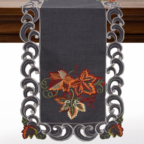 DECOZEN Charcoal Gray Christmas Table Runner – Embroidered Dining &