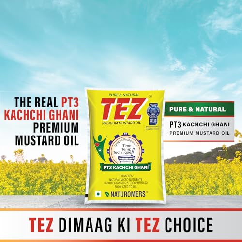 Image of Tez Mustard Oil for Cooking 1L Pouch | PT3 Kachchi Ghani Sarson Ka Tel | 100% Pure & Natural Oil | Promotes Gut Health with Antibacterial & Antifungal Benefits | Supports Good Health