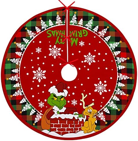 Fzbali Merry Christmas Small Tree Skirt 24 Inches, Mini Lace-up Red Green Buffalo Plaid Check, Xmas Santa Max Snowflakes Dog Rustic Home Decorations New Year Holiday Party Farmhouse Decor