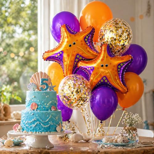 Image of Wanna Party Starfish Underwater Theme Balloon Set of 10 for Birthday Decoration | 2 Starfish Foil Balloons + 3 Purple + 3 Yellow + 2 Gold Confetti Balloons (12 Inch) | Ocean Sea Party Decor Supplies