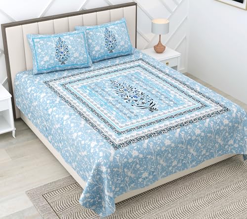 Image of RajasthaniKart Pure 100% Cotton 240 TC King Size BEDSHEET with 2 Pillow Cover - 90X108 (Suitable for King Size Bed Sheet or Double Bed, Light Blue) PSP133