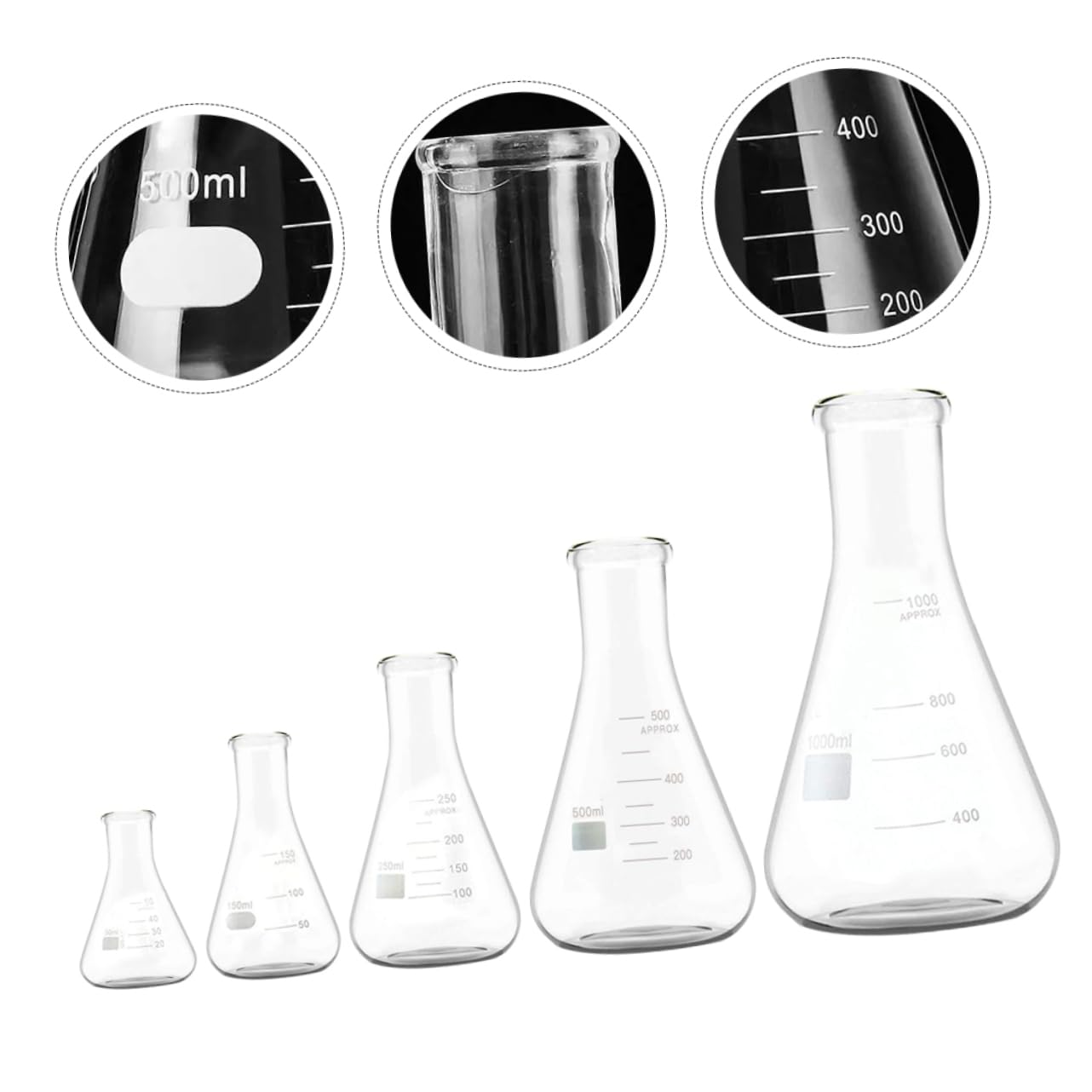 Matraz Cónico de Vidrio Borosilicato Alto 5 Piezas | Fondo Plano, Cuello Ancho y Graduaciones Estándar, 50ml a 1000ml para Laboratorio y Química