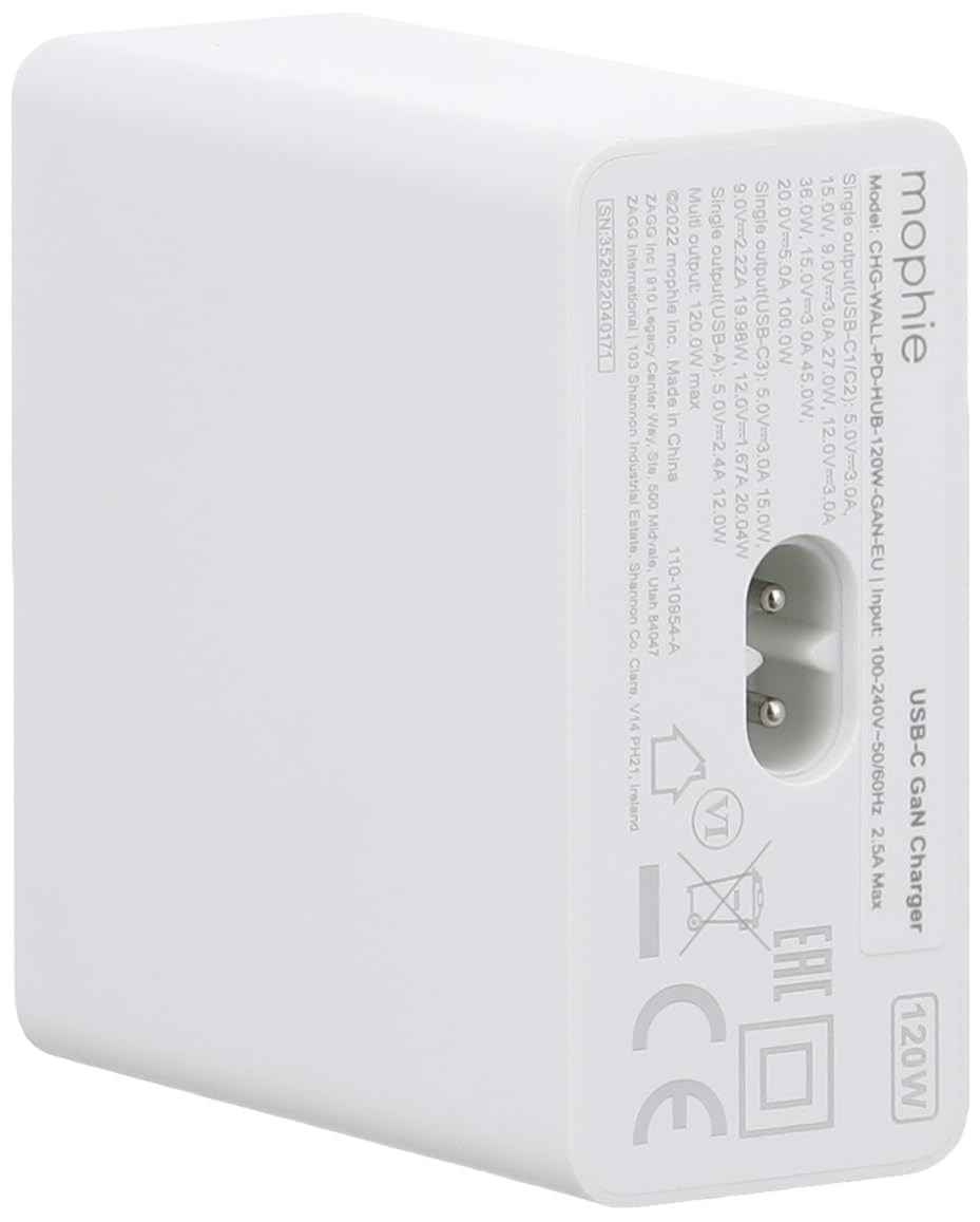 ZAGG Mophie 409909309 - Caricatore da parete USB-C Speedport 120 Watt, GaN, Fast Charging, Dual Port, Lightning Device, (bianco, adattatore UE)